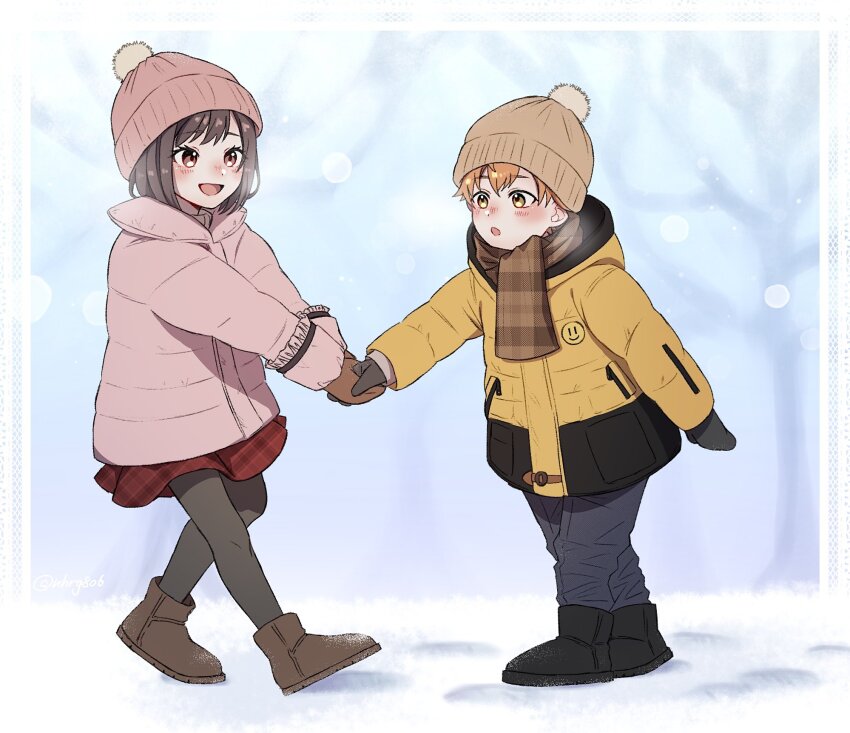 1boy 1girl :d :o aged_down arm_at_side black_boots black_coat black_gloves black_mittens black_pantyhose blue_pants blurry blurry_background blush boots brother_and_sister brown_boots brown_eyes brown_gloves brown_hair brown_hat brown_mittens brown_scarf coat commentary_request double-parted_bangs footprints full_body gloves hat highres holding_hands hood jacket knit_hat long_sleeves looking_at_another mittens multicolored_coat nhrg806 open_mouth orange_coat orange_hair pants pantyhose pink_coat pink_hat plaid_clothes plaid_scarf plaid_skirt project_sekai red_skirt scarf shinonome_akito shinonome_ena short_hair siblings sidelocks skirt smile smile_emoji snow swept_bangs two-tone_coat very_short_hair walking walking_backwards winter winter_clothes winter_coat yellow_eyes