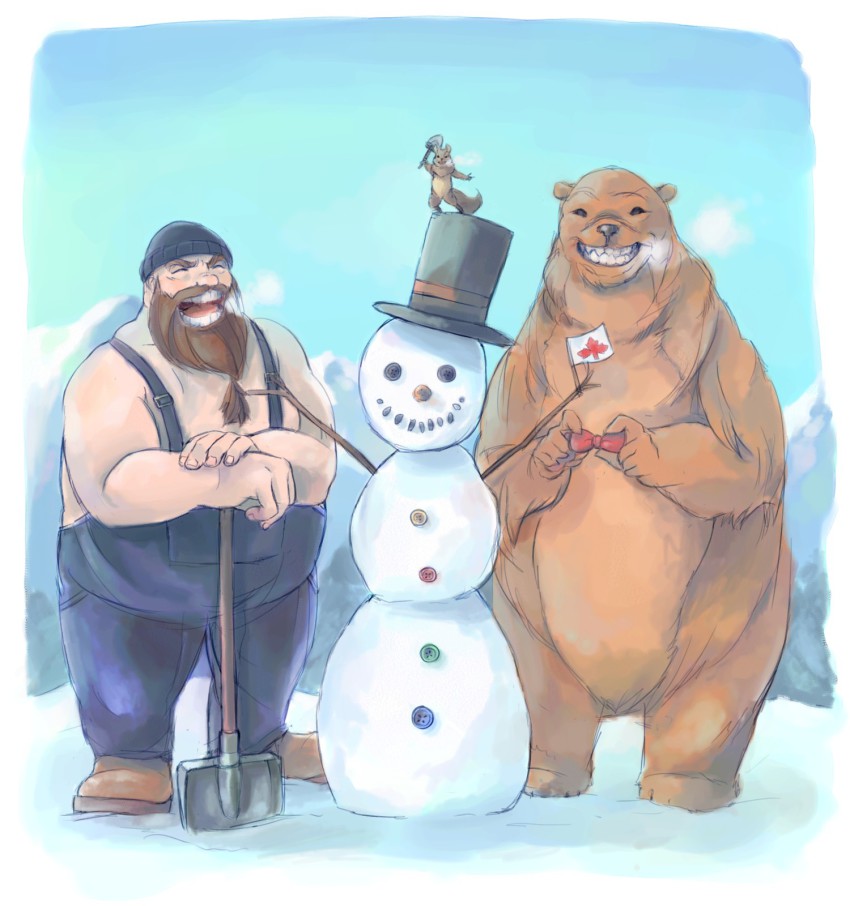 bear bear_hugger canada hat highres lumberjack myuutau_tadakichi nintendo punch-out!! shovel snow snowman squirrel tagme worktool