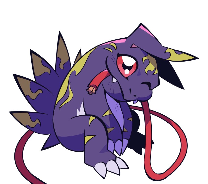 absurdres cable digimon digimon_(creature) elecmon_(violet) highres looking_at_viewer one_eye_closed pink_eyes solo