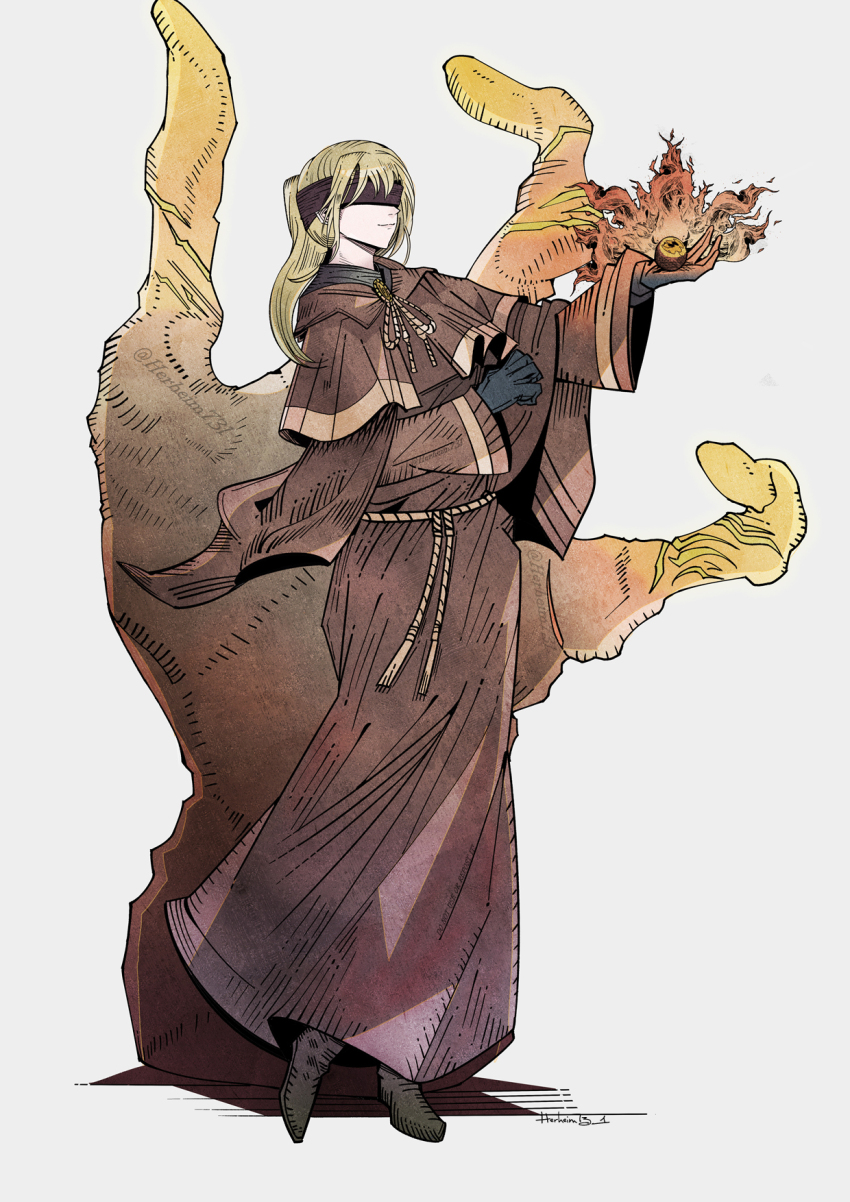 1girl capelet dress elden_ring full_body herheim highres hyetta_(elden_ring) long_dress ponytail shabriri_grape simple_background standing three_fingers_(elden_ring) watermark white_background