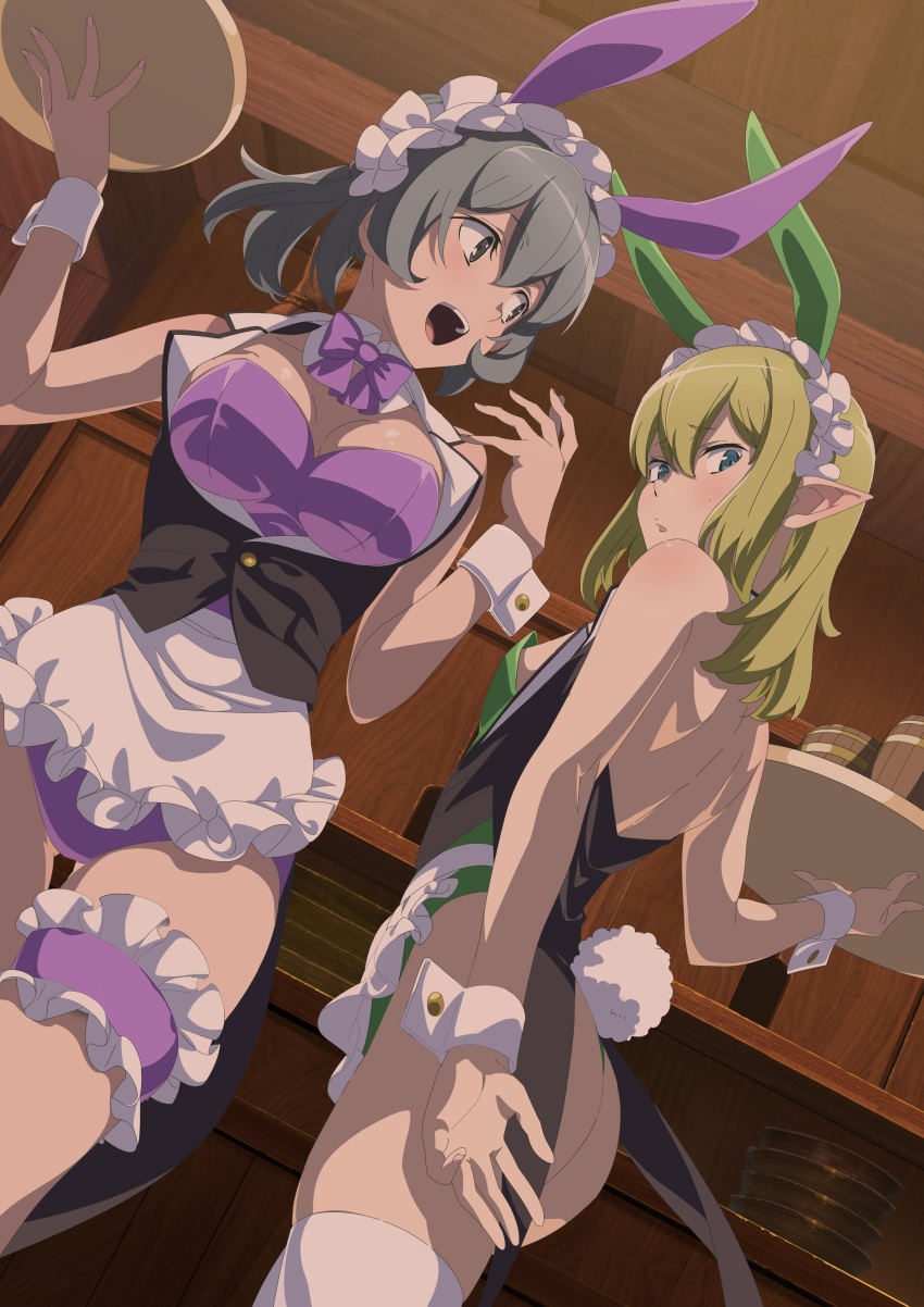 2girls absurdres animal_costume apron ass bare_shoulders bareback blush bow bowtie breasts bunny_girl_suit cleavage dungeon_ni_deai_wo_motomeru_no_wa_machigatteiru_darou_ka ear_blush elf embarrassed female_focus flat_chest green_eyes green_leotard grey_hair headdress highres kimoto_shigeki kneehighs large_breasts leg_scrunchie legs leotard long_ears long_hair looking_back magazine_scan medium_hair multiple_girls official_art open_mouth playboy_bunny pointy_ears ponytail purple_bow purple_leotard rabbit_costume rabbit_ears rabbit_tail ryu_lion scan scrunchie short_hair shoulder_blush sideboob sleeveless small_breasts smile socks syr_flover teeth thighhighs thighs tray upper_teeth_only waitress white_apron white_socks white_thighhighs white_wrist_cuffs wooden_tray wrist_cuffs