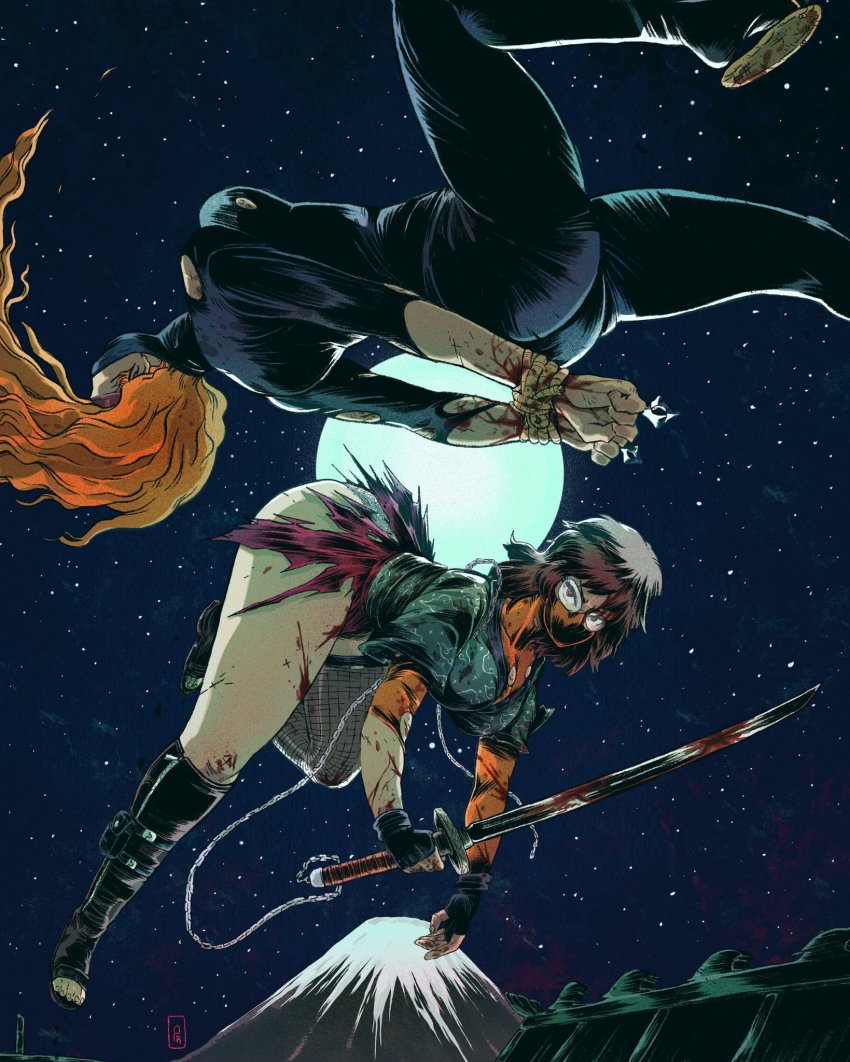 2girls adapted_costume alternate_universe arms_behind_back ass black_bodysuit blood blood_on_clothes bloody_weapon bodysuit boots bound bound_wrists breasts brown_hair chain commentary covered_mouth daphne_blake fingerless_gloves fishnet_thighhighs fishnets french_commentary full_moon glasses gloves highres holding holding_sword holding_weapon injury japanese_clothes knee_boots long_hair mask medium_breasts medium_hair moon mouth_mask multiple_girls night ninja ninjatou orange_hair prince_rours red_skirt rimless_eyewear rope scooby-doo short_sword single_thighhigh skirt sky star_(sky) starry_sky sword thick_thighs thighhighs thighs toeless_footwear torn_clothes torn_skirt upside-down velma_dinkley weapon