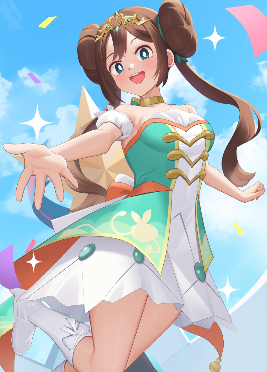 1girl :d bare_shoulders blue_eyes blue_sky boots brown_hair cloud commentary confetti double_bun dress english_commentary gazing_eye hair_bun highres knee_boots leg_up long_hair looking_at_viewer nintendo official_alternate_costume open_mouth outstretched_hand pokemon pokemon_masters_ex rosa_(champion)_(pokemon) rosa_(pokemon) sky smile solo strapless strapless_dress sweat teeth tiara twintails upper_teeth_only white_boots white_dress