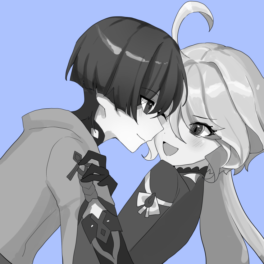 1boy 1girl ahoge arm_bow blunt_ends bridal_gauntlets closed_mouth cowlick drop-shaped_pupils eye_contact eyelash_ornament face-to-face from_side furina_(genshin_impact) furisode genshin_impact greyscale hand_on_another&#039;s_arm hetero highres japanese_clothes kimono light_blush long_hair looking_at_another looking_at_viewer mandarin_collar monochrome one_eye_closed open_mouth purple_background rope scaramouche_(genshin_impact) short_sleeves sideways_mouth sketch smile symbol-shaped_pupils wanderer_(genshin_impact) xaiadestar