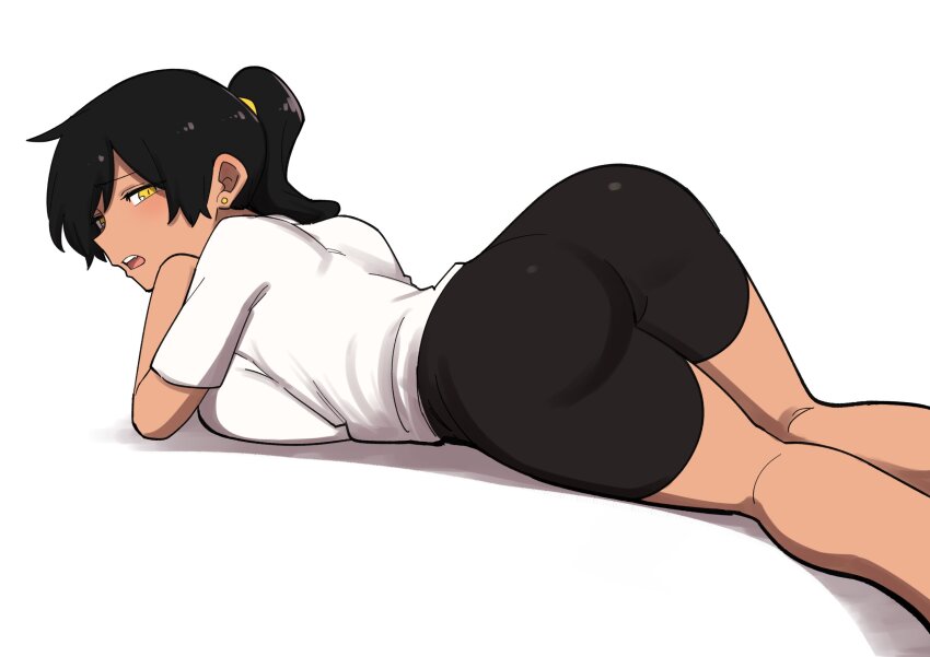 1girl artist_request ass bike_shorts black_hair blush breasts dark-skinned_female dark_skin earrings highres jewelry kurobe_natsumi large_breasts looking_at_viewer lying medium_hair non-web_source on_stomach ponytail senpai_ga_uzai_kouhai_no_hanashi shiromanta short_hair slit_pupils solo source_request yellow_eyes