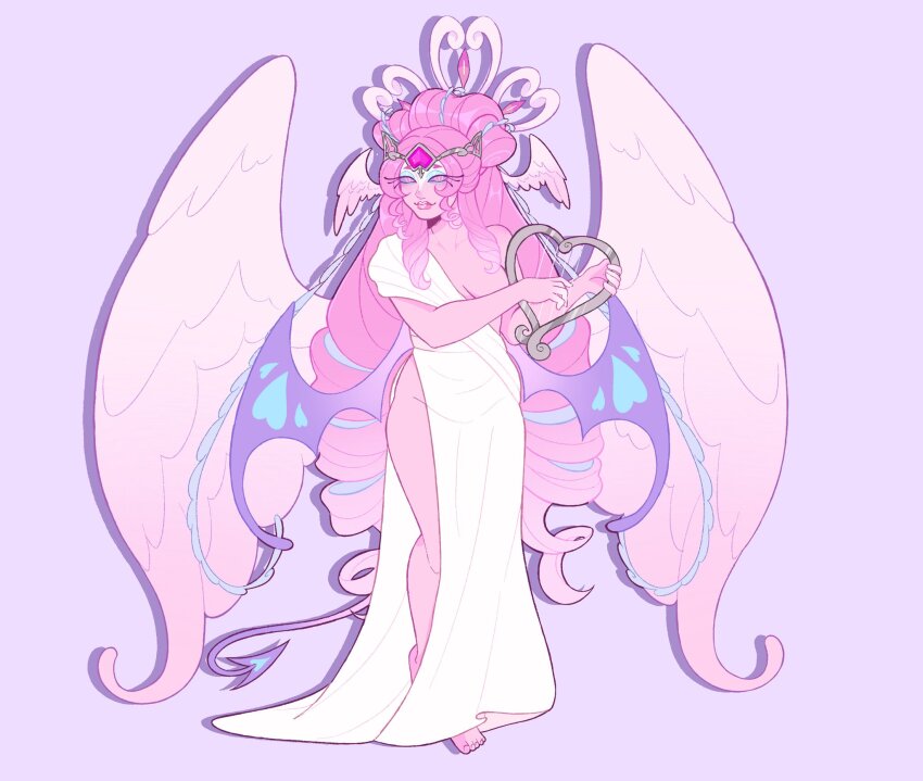 1girl angel angel_wings applindragons breasts cleavage colored_skin cookie_run cookie_run:_kingdom dress eternal_sugar_cookie halo harp highres holding holding_instrument holding_lyre instrument long_hair looking_at_viewer lyre pink_eyes pink_hair pink_skin solo very_long_hair white_dress wing_eyes wings