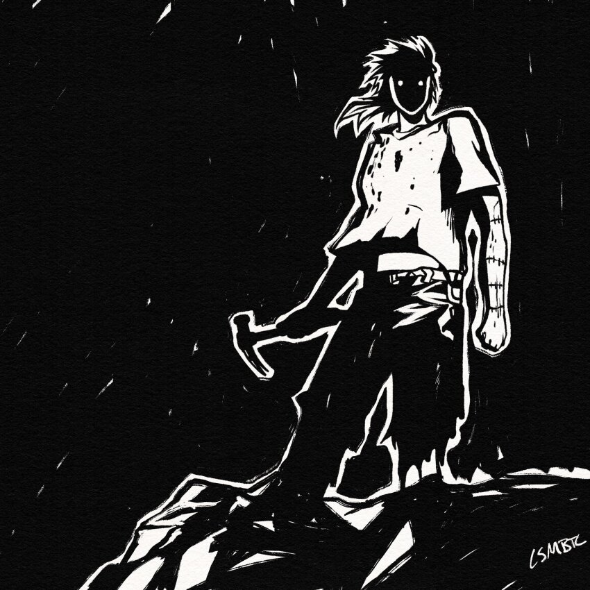 1boy black_background blood blood_on_clothes commentary csmbtc dorohedoro english_commentary greyscale hammer highres holding holding_hammer inktober looking_at_viewer male_focus midriff_peek monochrome pants shin_(dorohedoro) short_sleeves simple_background solo stitched_arm stitches
