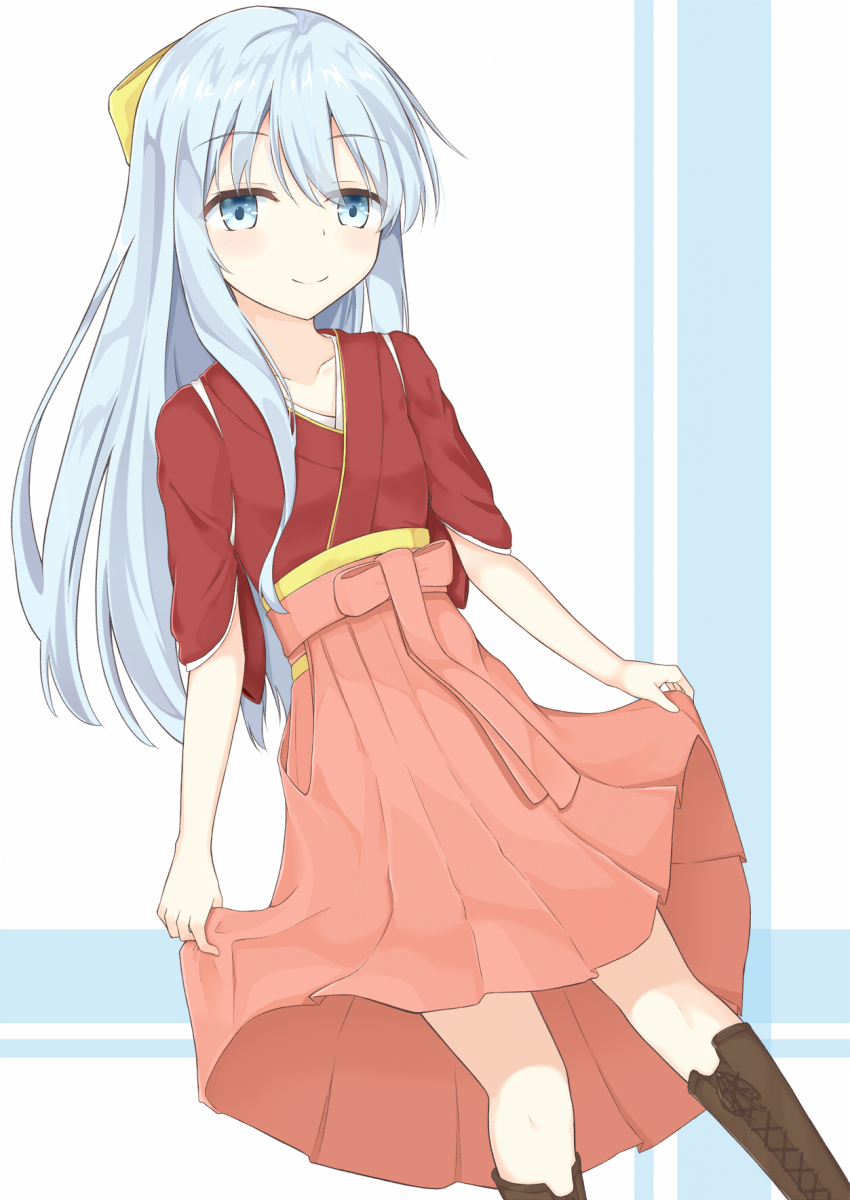 1girl aroma0501 blue_eyes blue_hair blush boots bow brown_boots closed_mouth collarbone commentary_request cosplay female_focus hair_between_eyes hair_bow hakama hakama_hold hakama_skirt hibiki_(kancolle) highres japanese_clothes kamikaze_(kancolle) kamikaze_(kancolle)_(cosplay) kantai_collection kimono knee_boots lace-up_boots long_hair looking_at_viewer meiji_schoolgirl_uniform pink_hakama red_kimono short_kimono short_sleeves skirt smile solo very_long_hair yellow_bow