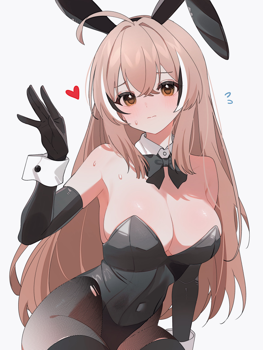1girl absurdres animal_ears bare_shoulders black_gloves black_hair black_leotard black_pantyhose blush breasts brown_eyes brown_hair cleavage closed_mouth commentary covered_navel curvy elbow_gloves gloves hana20000920 heart highres hololive hololive_english large_breasts leotard long_hair looking_at_viewer multicolored_hair nanashi_mumei pantyhose playboy_bunny rabbit_ears simple_background solo streaked_hair sweat symbol-only_commentary thick_thighs thighs virtual_youtuber white_background white_wrist_cuffs wrist_cuffs