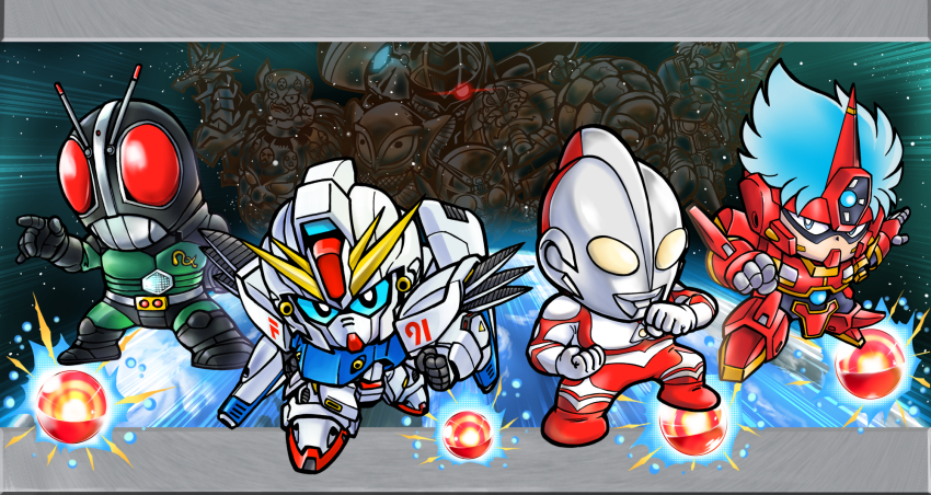 3boys alien armor berga_giros black_armor blue_eyes blue_hair character_request chibi clenched_hands color_timer colored_skin commentary_request compati_hero copyright_request energy f91_gundam fighter_roar fighting_stance gloves glowing glowing_eyes green_armor grey_gloves grey_skin gudis gun gundam gundam_f91 highres holding holding_gun holding_weapon kamen_rider kamen_rider_black_rx kamen_rider_black_rx_(series) mecha mephilas_seijin mobile_suit multicolored_skin multiple_boys no_pupils pointing power_armor red_eyes red_skin rider_belt robot sasaki_shin science_fiction shadow_moon space the_great_battle tokusatsu ultra_series ultraman:_towards_the_future ultraman_great v-fin weapon yellow_eyes