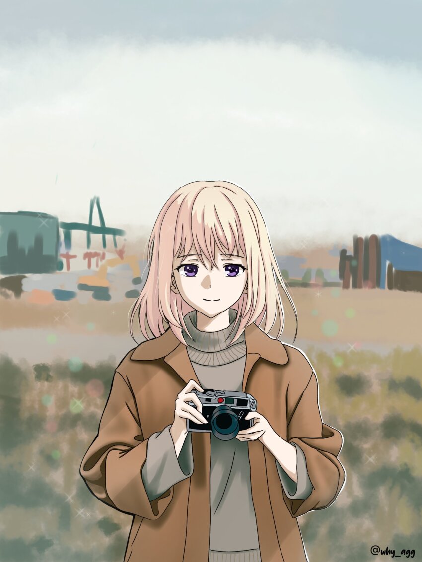 1girl a_whydc bang_dream! bang_dream!_it&#039;s_mygo!!!!! blonde_hair brown_jacket camera closed_mouth commentary grey_sweater hair_between_eyes highres holding holding_camera jacket long_sleeves looking_at_viewer medium_hair misumi_uika open_clothes open_jacket purple_eyes solo sweater twitter_username upper_body