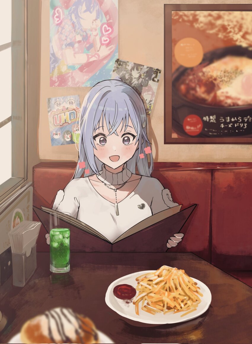 1girl :d blue_hair book booth_seating collarbone detached_collar dot_nose double-parted_bangs drink eyelashes food french_fries grey_eyes hanetsuka heart_pin highres holding holding_book holding_menu ice_cream idolmaster idolmaster_shiny_colors jewelry ketchup light_blush long_hair menu necklace open_book open_mouth pancake pancake_stack paper_towel_holder plate poster_(object) pov_across_table sauce sitting smile solo suzuki_hana turtleneck v-neck window