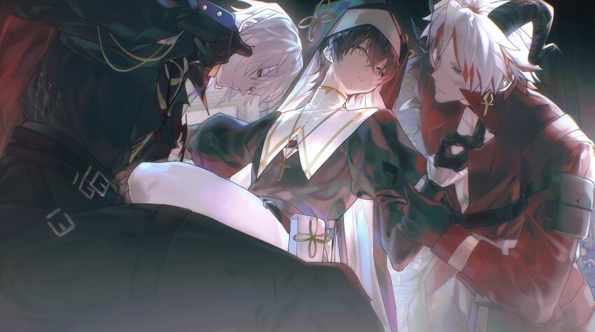 3boys aetosmr belt black_background black_belt black_dress black_gloves black_hair black_hat black_horns black_jacket black_pants cape closed_mouth coat cross cross_necklace crossdressing crossed_bangs dress ear_piercing geshu_lin_(wuthering_waves) gloves grabbing_another&#039;s_arm grey_eyes grey_hair hair_between_eyes hair_ornament hands_up hat heterochromia highres horns jacket jewelry juliet_sleeves long_hair long_sleeves looking_at_another looking_down love_triangle male_focus male_rover_(wuthering_waves) multicolored_hair multiple_boys necklace nun pants piercing ponytail puffy_long_sleeves puffy_sleeves red_cape red_coat red_eyes red_hair rover_(wuthering_waves) scar scar_(wuthering_waves) scar_on_face sheep_horns short_hair simple_background sitting smile sword_earrings teeth two-tone_hair white_hair wuthering_waves yaoi yellow_eyes