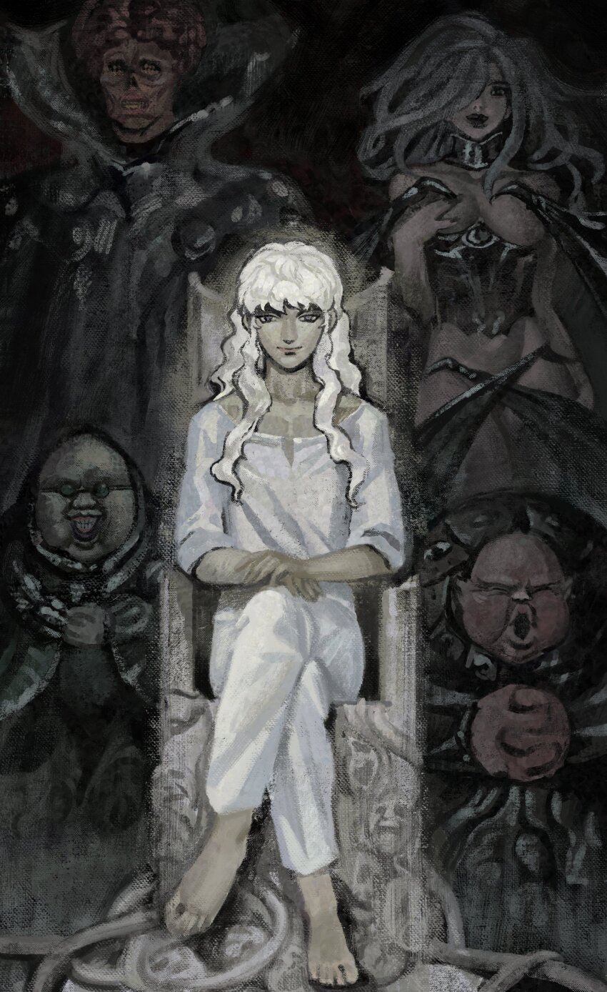 1girl 4boys absurdres androgynous bald barefoot berserk black_cloak black_corset breasts cloak colored_skin conrad_(berserk) corset crossed_legs demon_girl demon_wings fat fat_man femto_(berserk) grey_hair griffith_(berserk) hair_over_one_eye highres large_breasts long_hair looking_at_viewer multiple_boys own_hands_together pants red_hair red_skin shirt sidelocks silverheather slan_(berserk) smile solo_focus throne ubik_(berserk) void_(berserk) wavy_hair white_hair white_pants white_shirt wing_censor wings