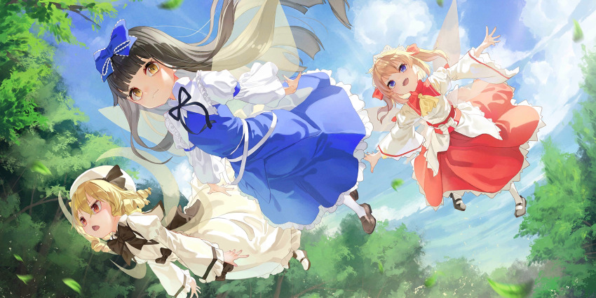3girls ascot black_hair black_ribbon black_shoes blonde_hair blue_bow blue_dress blue_eyes blue_sky blunt_bangs bow bowtie brown_bow brown_bowtie brown_shoes chestnut_mouth cloud commentary day dress drill_hair english_commentary fairy fairy_wings flying forest from_below game_cg hair_between_eyes hair_bow hat headdress highres light_smile loafers long_hair long_sleeves looking_to_the_side luna_child mary_janes multiple_girls nature neck_ribbon official_art open_mouth orange_eyes outdoors outstretched_arms pantyhose red_skirt ribbon saraki shirt shoes skirt sky spread_arms star_sapphire sunny_milk third-party_source touhou touhou_lostword twin_drills two_side_up very_long_hair white_dress white_pantyhose white_shirt white_shoes wide_sleeves wings yellow_ascot yellow_eyes