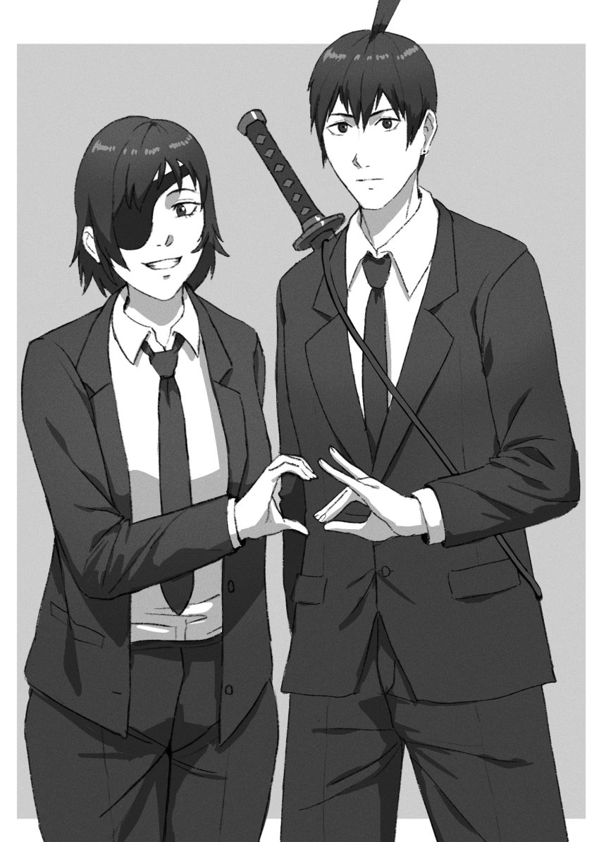 1boy 1girl black_hair black_jacket black_necktie chainsaw_man collared_shirt eyepatch fox_shadow_puppet francisco_mon grey_background greyscale gun_sling hayakawa_aki heart heart_hands heart_hands_failure highres himeno_(chainsaw_man) jacket katana looking_at_viewer monochrome necktie shirt short_hair simple_background smile sword topknot weapon weapon_on_back white_shirt