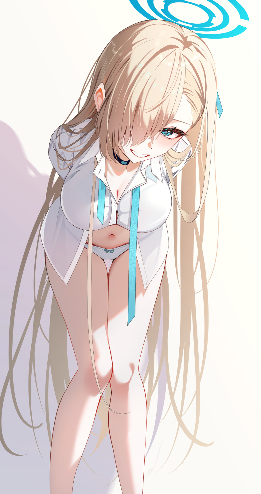 1girl :d absurdres arms_behind_back asuna_(blue_archive) asuna_(school_uniform)_(blue_archive) black_choker blue_archive blue_eyes blue_hair blue_halo blue_ribbon blush bow bow_panties breasts brown_hair choker cleavage feet_out_of_frame grin hair_over_one_eye hair_over_shoulder hair_ribbon halo highres incredibly_absurdres large_breasts leaning_forward long_hair looking_at_viewer navel neck_ribbon no_pants one_eye_covered open_mouth panties ribbon shirt sikimosh smile solo standing straight_hair thigh_gap thighs underwear undone_neck_ribbon very_long_hair white_panties white_shirt