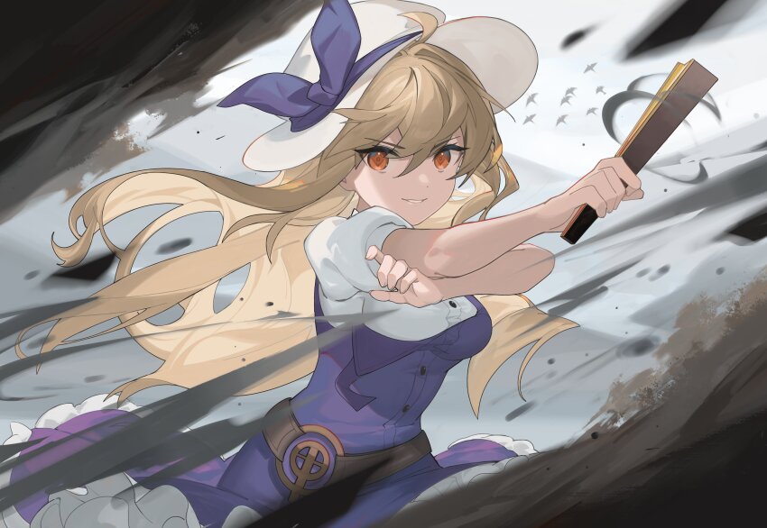 1girl absurdres blonde_hair bow devilkillerx dress folding_fan hand_fan hat hat_bow hat_ribbon highres long_hair open_mouth purple_dress ribbon single_strap solo teeth touhou touhou_lost_branch_of_legend watatsuki_no_toyohime