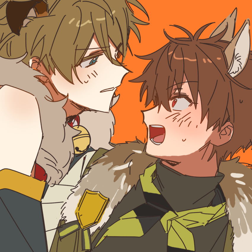 2boys alternate_costume animal_ears bell black_sleeves blue_eyes blush brooch brown_hair detached_sleeves ensemble_stars! fur_trim highres jewelry jingle_bell korean_commentary looking_at_another male_focus morisawa_chiaki multiple_boys open_mouth orange_background red_eyes supern0va surprised sweatdrop takamine_midori turtleneck