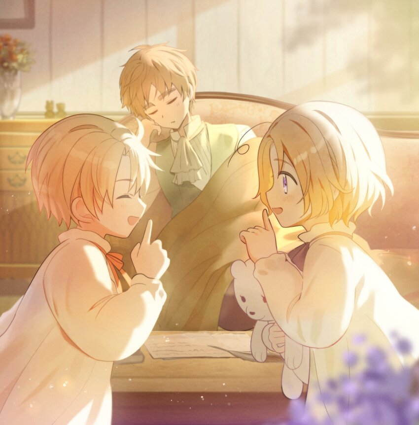 3boys aged_down ahoge america_(hetalia) ascot axis_powers_hetalia black_pants blanket blonde_hair blurry blurry_foreground blush book bow bowtie canada_(hetalia) chest_of_drawers child closed_eyes commentary_request couch dress floral_print flower green_vest hair_between_eyes hand_on_own_face hand_up highres holding holding_stuffed_toy index_finger_raised indoors jar long_sleeves looking_at_another male_focus multiple_boys neck_ribbon on_couch open_mouth pants paper picture_frame puffy_long_sleeves puffy_sleeves purple_bow purple_bowtie purple_eyes purple_flower quill red_ribbon ribbon shadow shirt short_hair sitting sleeping smile standing stuffed_animal stuffed_toy sunlight table teddy_bear united_kingdom_(hetalia) vest white_ascot white_dress white_shirt yukinununu