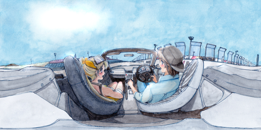 1boy 1girl black_headwear blue_eyes blue_pants blue_shirt blush brown_hair car collared_shirt convertible dress driving hat hi_fumiyo highres honda honda_beat honda_beat_(syanago_collection) motor_vehicle panorama pants personification ponytail racetrack shirt short_hair shorts sitting sky smile syanago_collection traditional_media vehicle_and_personification vehicle_interior white_shorts yellow_dress
