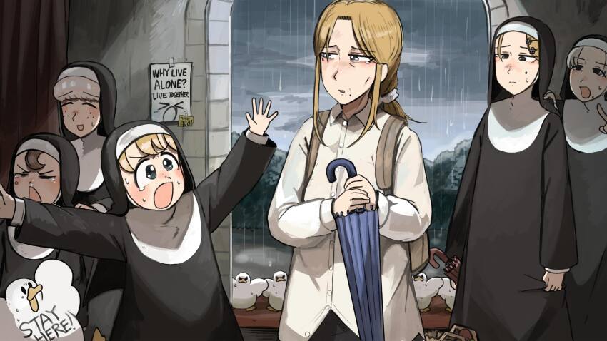 6+girls backpack bag bird blonde_hair blue_eyes blue_umbrella body_writing chicken clumsy_nun_(diva) commentary crying diva_(hyxpk) duck english_commentary english_text freckles froggy_nun_(diva) grey_hair highres holding holding_umbrella little_nuns_(diva) mole mole_on_cheek mole_under_mouth multiple_girls note nun rain red_umbrella sheep_nun_(diva) shirt smug_nun_(diva) strict_nun&#039;s_mother_(diva) strict_nun_(diva) tears traditional_nun triangle_mouth umbrella white_shirt