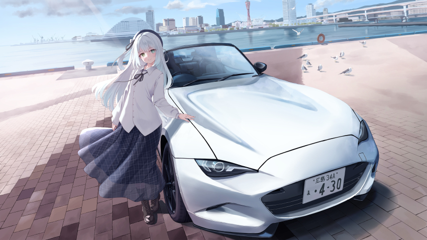 1girl absurdres amahari_koishi bird black_ribbon black_skirt blue_sky boots brick_floor brown_boots building car city cloud commentary commission convertible day eunos_roadster green_eyes highres hyogo_prefecture indie_virtual_youtuber knee_boots kobe license_plate long_hair long_skirt mazda mazda_mx-5 mazda_mx-5_nd motor_vehicle neck_ribbon outdoors plaid_clothes plaid_skirt png_pant_(bus) real_world_location revision ribbon river shadow shirt skeb_commission skirt sky skyscraper solo sports_car standing virtual_youtuber white_car white_hair white_shirt