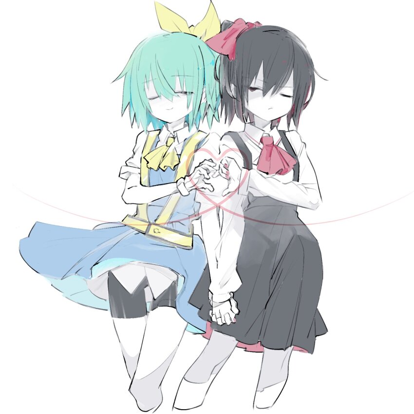 2girls 90_sik ascot bike_shorts black_eyes black_shorts black_skirt blue_dress bow closed_mouth collared_shirt colored_skin commentary cookie_(touhou) cropped_legs daiyousei diyusi_(cookie) dress feet_out_of_frame flat_chest green_hair hair_between_eyes heart heart_hands high-visibility_clothing high-visibility_vest high_ponytail highres holding_hands long_bangs long_sleeves looking_at_viewer multiple_girls one_eye_closed pinafore_dress ponytail red_ascot shirt short_hair short_sleeves shorts shorts_under_dress simple_background siyudi_(cookie) skirt sleeveless sleeveless_dress smile suspender_skirt suspenders symbol-only_commentary touhou unusually_open_eyes white_background white_shirt white_skin yellow_ascot yellow_bow