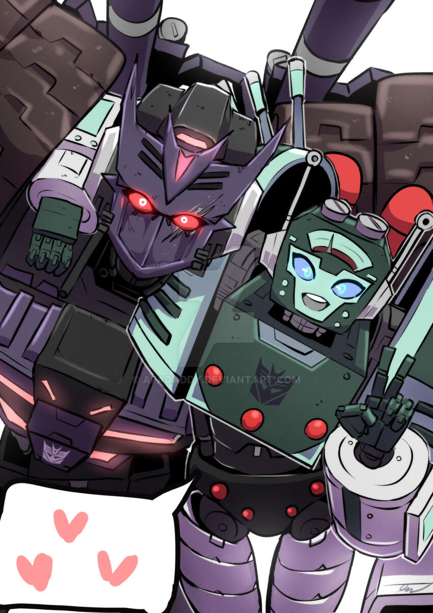 1boy 1girl afadaddy armor blue_eyes decepticon highres humanoid_robot mask nickel_(transformers) purple_mask red_eyes robot scar scar_across_eye scar_on_face size_difference tarn the_transformers_(idw) transformers v