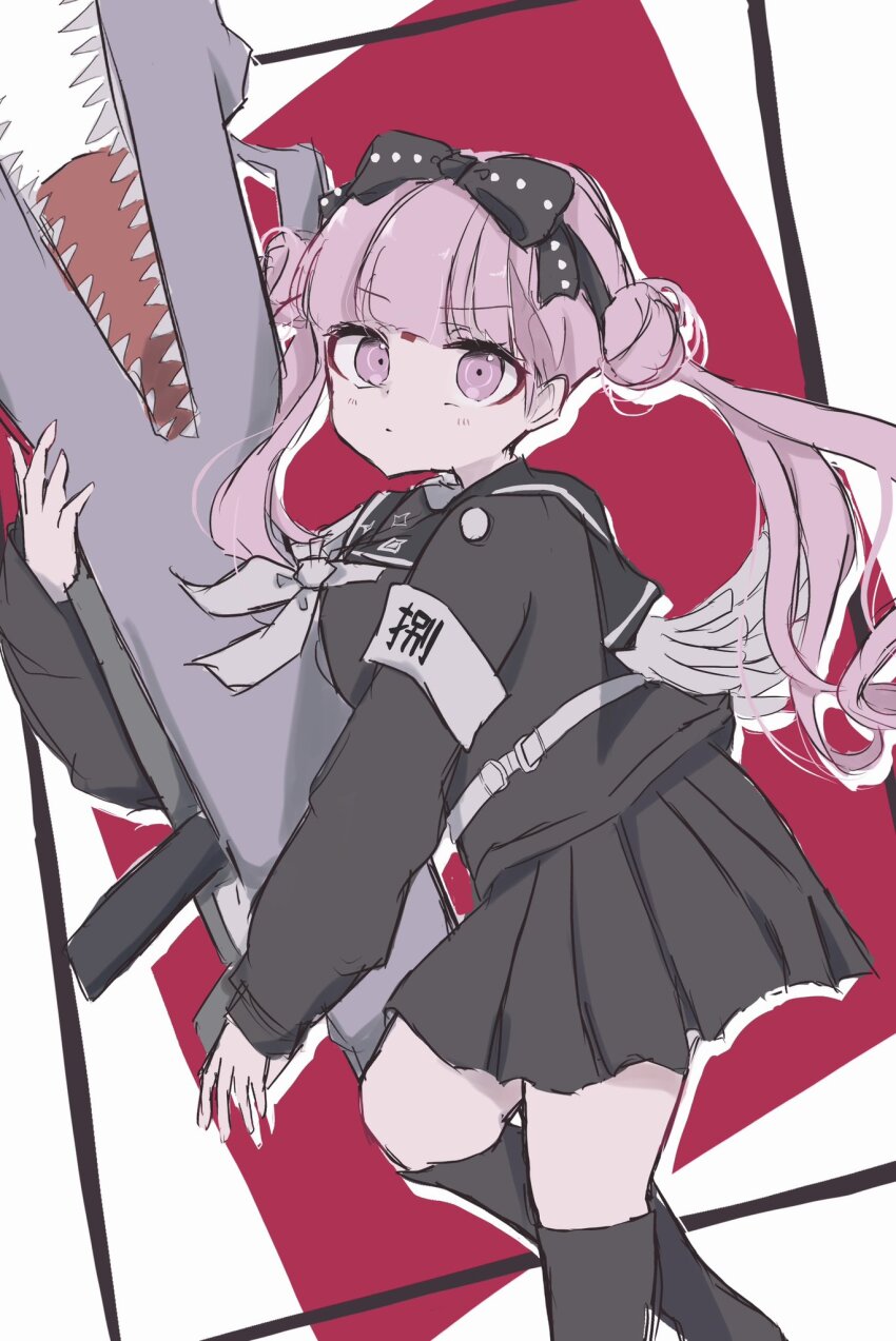 black_background black_bow black_skirt bow kneehighs hair_bow highres holding holding_rifle holding_sniper_rifle holding_weapon last_defense_academy_school_uniform long_hair looking_at_viewer multicolored_hair pink_eyes pink_hair red_bow simple_background skirt the_hundred_line_-last_defense_academy- tsukumo_kako twintails weapon white_background