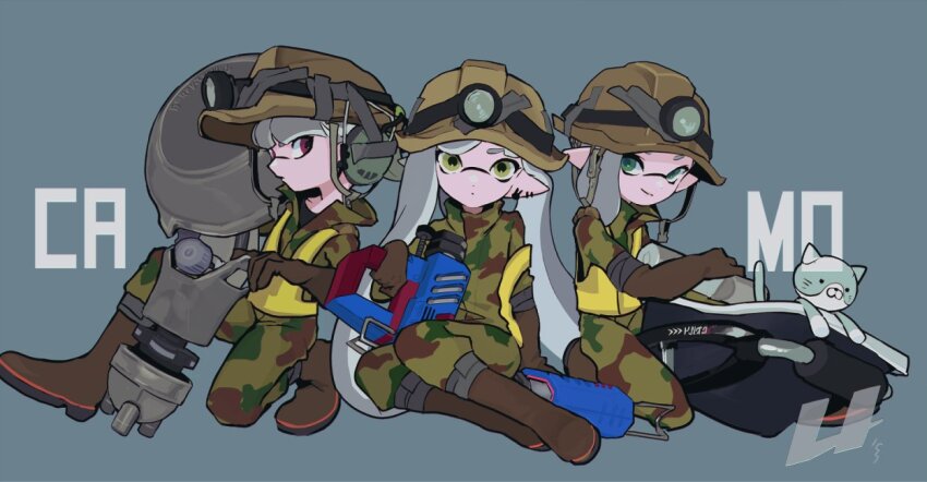 3girls aqua_eyes bloblobber_(splatoon) blue_background boots brown_footwear brown_gloves camouflage commentary duct_tape earrings elbow_gloves glooga_dualies_(splatoon) gloves green_eyes grey_hair headset high-visibility_clothing high-visibility_vest imaikuy0 inkling inkling_girl inkling_player_character jewelry jumpsuit long_hair mining_helmet multiple_earrings multiple_girls nautilus_(splatoon) nintendo pointy_ears red_eyes rubber_boots rubber_gloves salmon_run_(splatoon) short_hair splatoon_(series) stuffed_animal stuffed_cat stuffed_toy symbol-only_commentary tentacle_hair