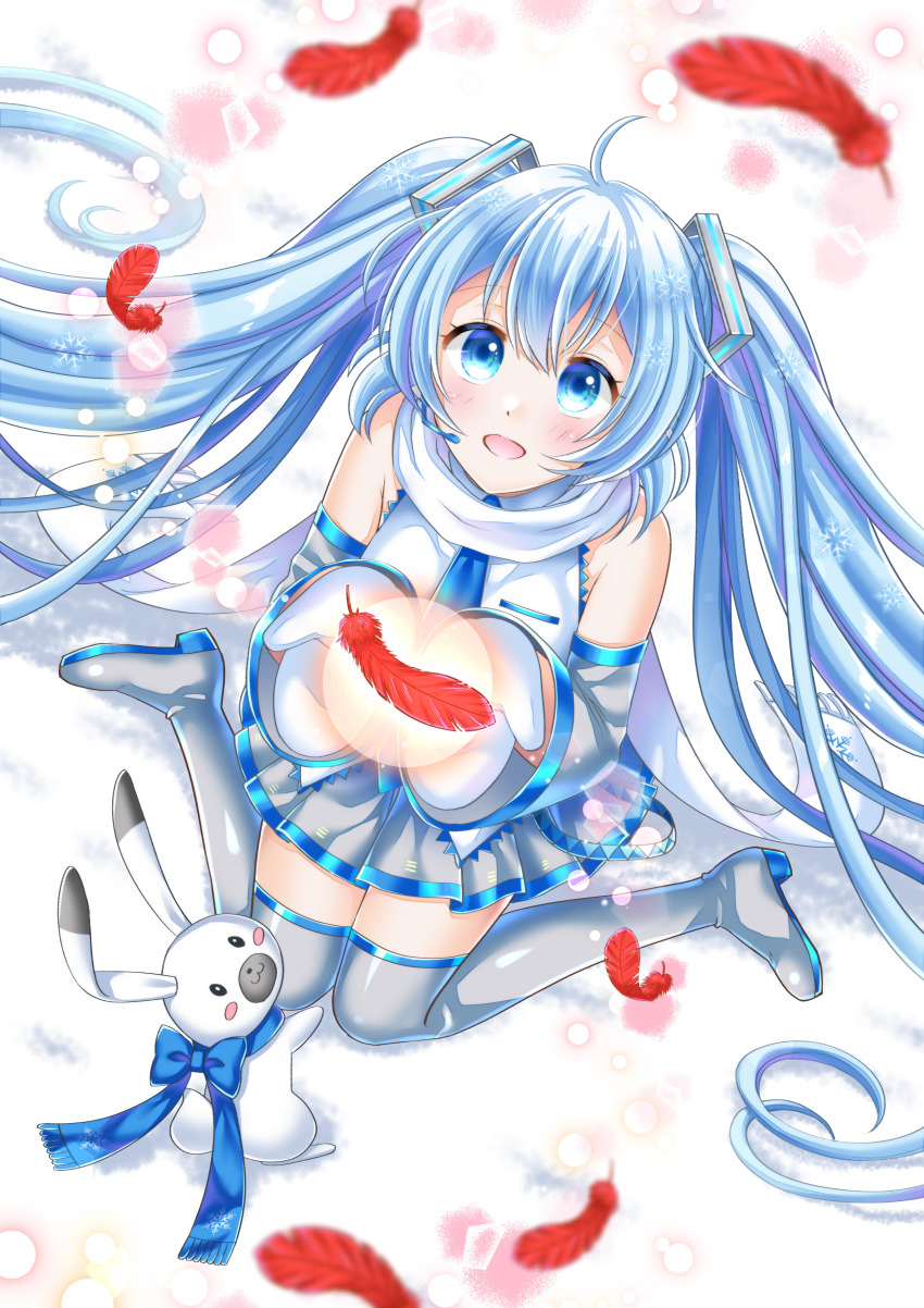 1girl :d absurdres ahoge blue_eyes blue_hair blurry blush boots collared_shirt commentary_request depth_of_field detached_sleeves feathers grey_shoes grey_skirt grey_sleeves hair_between_eyes hatsune_miku highres long_sleeves mittens open_mouth pleated_skirt rabbit_yukine red_feathers scarf shirt shoes skirt sleeveless sleeveless_shirt smile snowflakes solo tateko25wiz thigh_boots twintails vocaloid white_mittens white_scarf white_shirt yuki_miku yuki_miku_(2011)