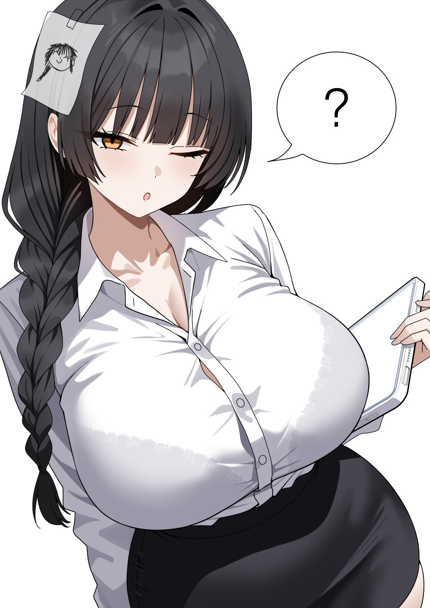 1girl ? absurdres black_hair black_skirt blue_archive bra_visible_through_clothes braid breasts button_gap collared_shirt doodle_sensei_(blue_archive) female_sensei_(blue_archive) female_sensei_(blue_archive)_(xipa) highres huge_breasts long_hair looking_at_viewer one_eye_closed open_mouth paper_on_head sensei_(blue_archive) shirt shirt_tucked_in simple_background single_braid skirt solo spoken_question_mark tewaki white_background white_shirt yellow_eyes