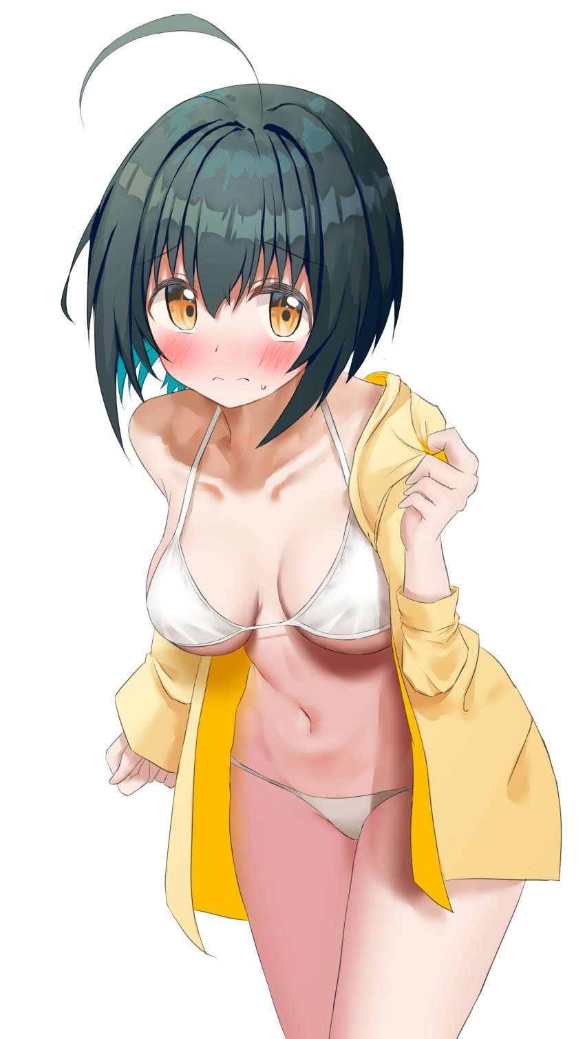 1girl :o absurdres ahoge ashinagi_(bijutu1) bikini blush breasts breasts_apart collarbone cowboy_shot hair_intakes highres idolmaster idolmaster_cinderella_girls jacket jacket_partially_removed kohinata_miho long_sleeves looking_at_viewer medium_breasts midriff navel open_clothes open_jacket short_hair simple_background solo sweatdrop swimsuit white_background white_bikini yellow_eyes yellow_jacket