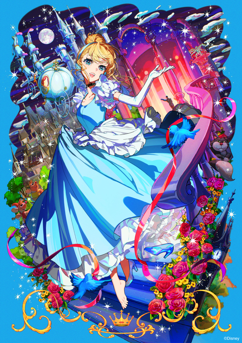 1boy 1girl :d animal barefoot bird black_collar blonde_hair blue_dress blue_eyes blue_footwear blue_hairband breasts building cinderella cinderella_(disney) collar collarbone commentary_request dress elbow_gloves flower full_moon glass_slipper gloves hair_bun hairband high_heels highres looking_at_viewer mika_pikazo moon open_mouth railing red_flower red_rose rose shoes single_shoe small_breasts smile solo_focus stairs white_gloves