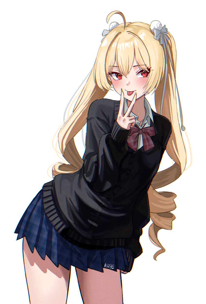 1girl a5235 ahoge alternate_hairstyle black_cardigan blonde_hair blue_skirt bow bowtie cardigan closed_mouth collared_shirt cowboy_shot hair_bow hand_up highres jingburger long_hair long_sleeves looking_at_viewer miniskirt pleated_skirt red_eyes ringlets school_uniform shirt simple_background skirt smiel solo thighs tongue tongue_out twintails v v_over_mouth very_long_hair virtual_youtuber waktaverse white_background white_shirt