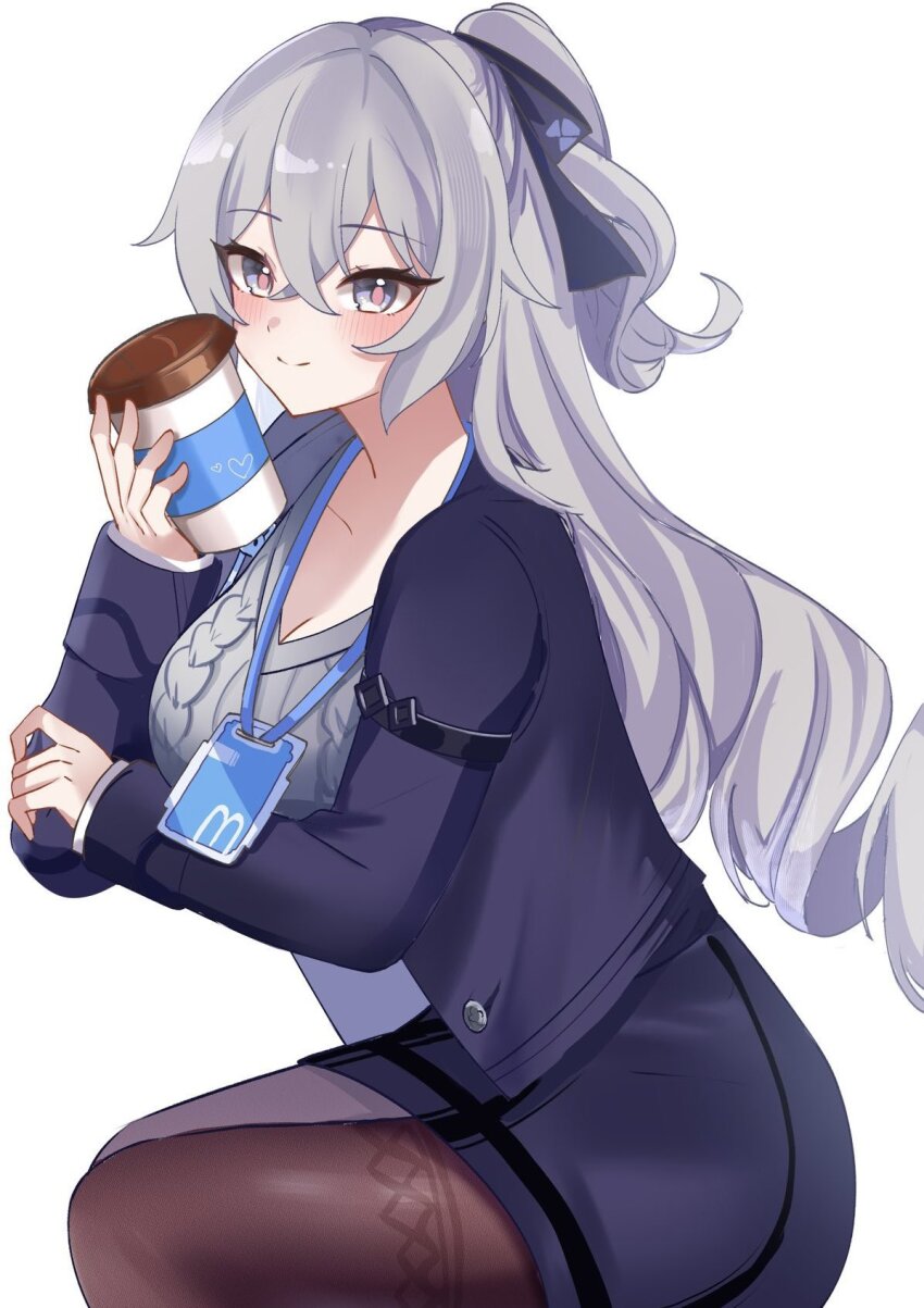 1girl black_jacket black_pantyhose black_skirt blush breasts bronya_zaychik bronya_zaychik_(outstanding_attitude) bronya_zaychik_(silverwing:_n-ex) cable_knit closed_mouth crossed_bangs cup disposable_coffee_cup disposable_cup drill_hair grey_eyes grey_hair grey_sweater hair_between_eyes highres holding holding_cup honkai_(series) honkai_impact_3rd id_card jacket lanyard large_breasts long_hair long_sleeves looking_at_viewer office_lady pantyhose pink_pupils sitting skirt solo sweater tdatnst very_long_hair