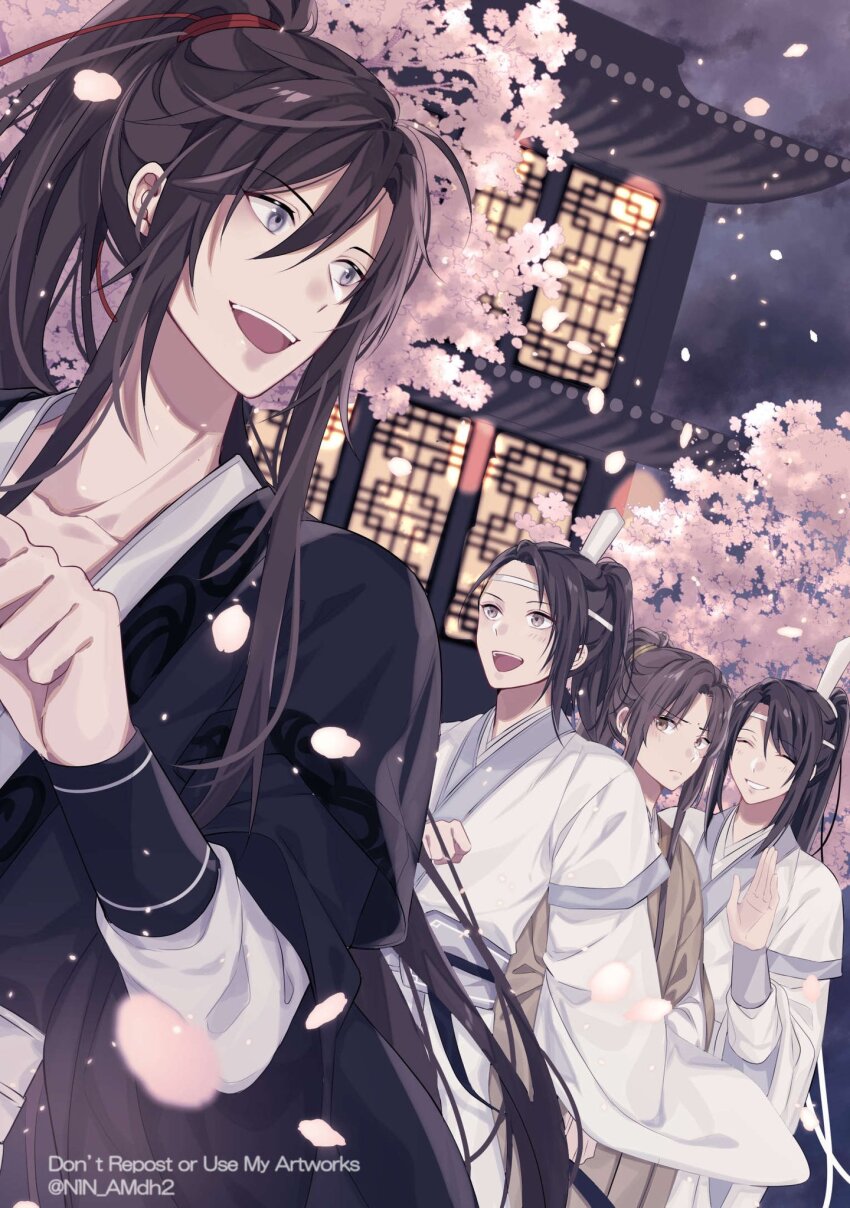 4boys :d architecture black_hair black_hanfu brown_eyes brown_hair building cherry_blossoms chinese_clothes closed_eyes east_asian_architecture english_text falling_petals grey_eyes hair_between_eyes hair_ribbon hanfu headband high_ponytail highres hyottokoane jin_ling lan_jingyi lan_sizhui long_hair long_sleeves male_focus modao_zushi multiple_boys night open_mouth outdoors petals pink_petals ponytail red_ribbon ribbon robe sidelocks sky smile solo_focus tree twitter_username very_long_hair wei_wuxian white_hanfu white_headband wide_sleeves xiao_guan_(headdress) yellow_hanfu