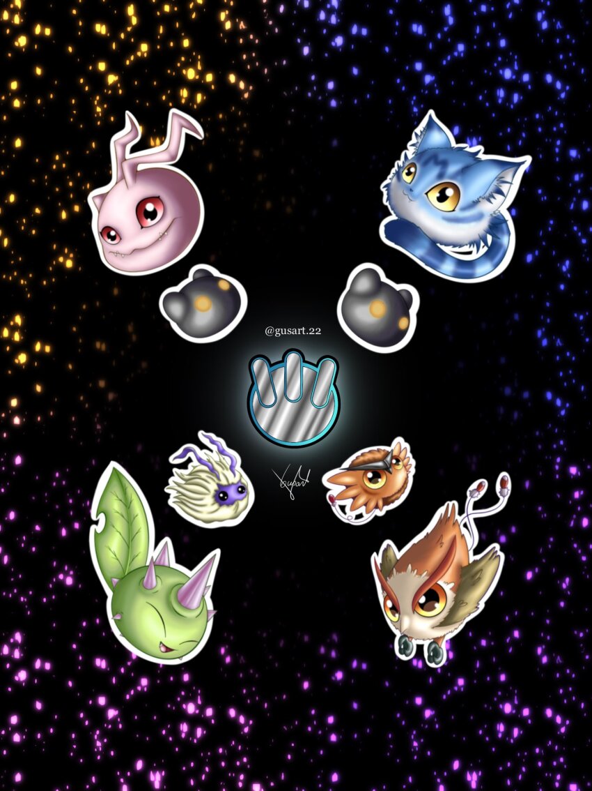 botamon budmon digimon digimon_(creature) fangs feathers highres koromon pinamon puwamon red_eyes spikes wanyamon wings yellow_eyes yuramon