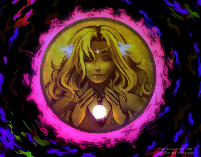 1girl artist_name blonde_hair character_name closed_eyes coin copyright_name cryptmyst gold_coin head_wings highres jewelry kikuri_(touhou) long_hair medium_hair painterly shirt solo touhou touhou_(pc-98) wings