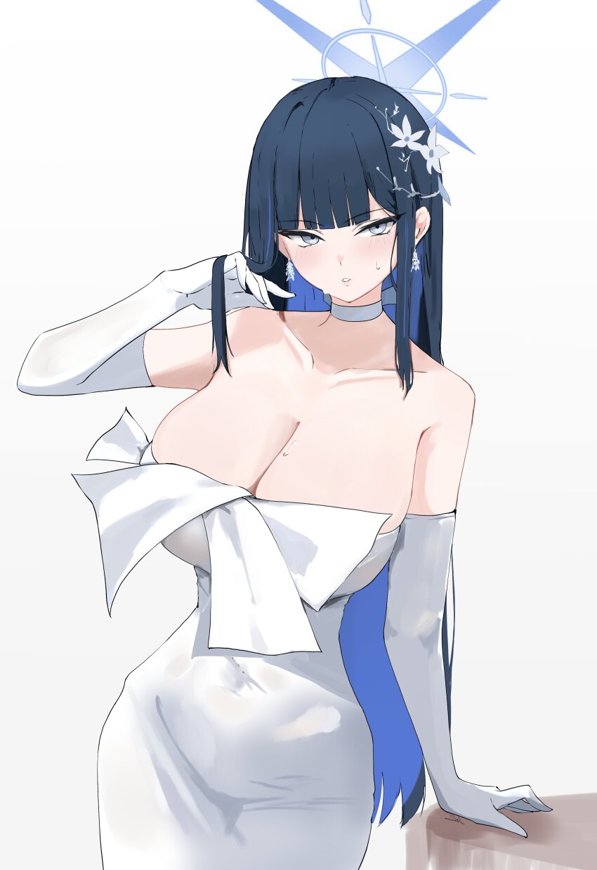 1girl absurdres bare_shoulders black_hair blue_archive blue_eyes blue_hair blush breasts choker cleavage collarbone colored_inner_hair covered_navel cowboy_shot dress earrings elbow_gloves gloves hair_ornament halo highres jewelry kasumi_saika large_breasts long_hair looking_at_viewer multicolored_hair parted_lips revision saori_(blue_archive) saori_(dress)_(blue_archive) solo white_dress white_gloves