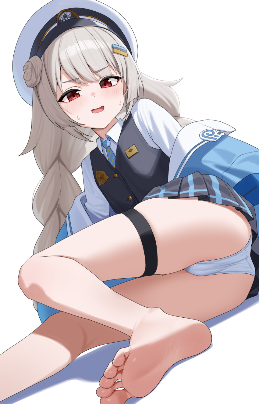 1girl ass barefoot black_skirt black_vest blue_jacket blue_necktie blush braid collared_shirt feet goddess_of_victory:_nikke grey_hair hair_bun hair_ornament hat highres jacket jacket_partially_removed loli long_sleeves looking_at_viewer lying mole mole_on_thigh necktie nervous_sweating on_side panties plaid_clothes plaid_skirt pleated_skirt red_eyes shirt single_side_bun skirt soline_(frost_ticket)_(nikke) soline_(nikke) solo sweat thigh_strap twin_braids two-sided_fabric two-sided_jacket underwear vest white_background white_hat white_jacket white_panties white_shirt xi_oshir1