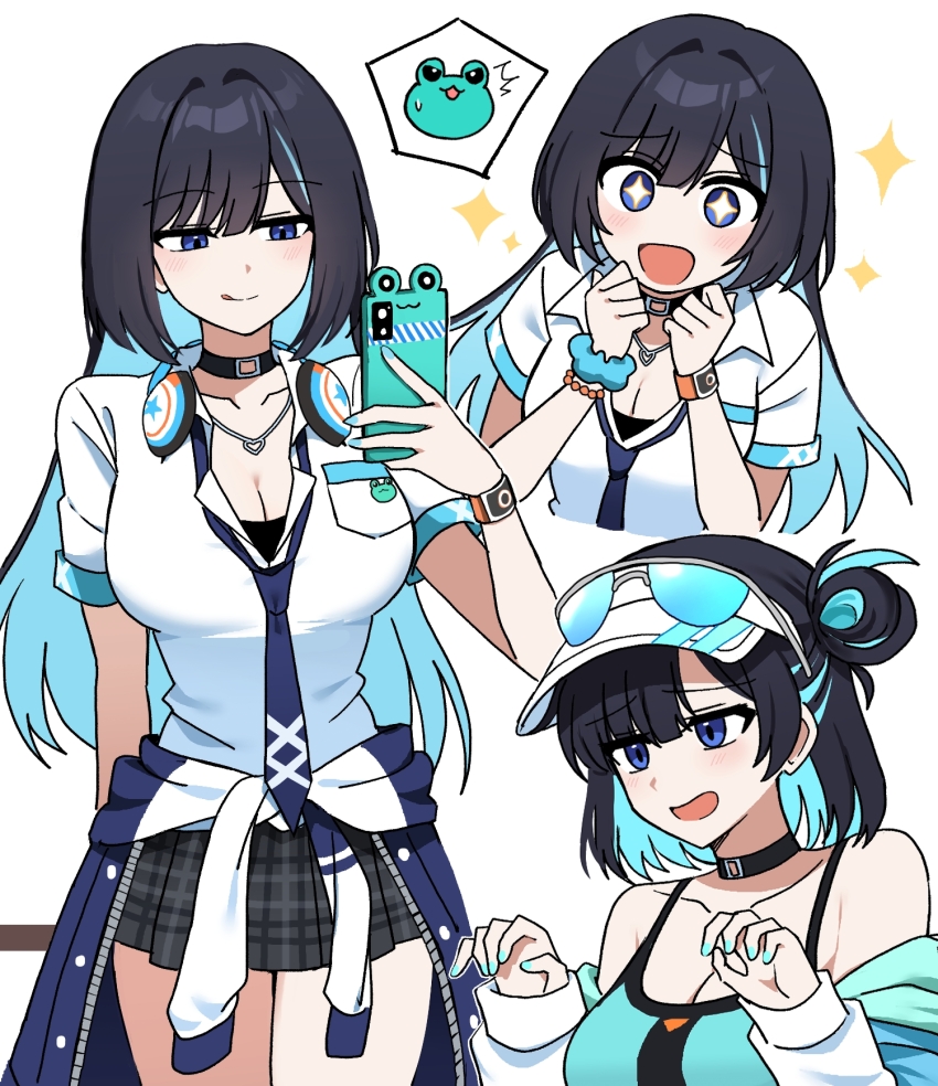 +_+ 1girl ^^^ bare_shoulders black_hair black_skirt black_survival blue-tinted_eyewear blue_eyes blue_hair blue_jacket blue_necktie blush breasts choker cleavage clothes_around_waist colored_inner_hair commentary debi_(after_school)_(black_survival) debi_(black_survival) debi_(cotton_candy)_(black_survival) eternal_return:_black_survival eyewear_on_head hair_rings headphones headphones_around_neck highres holding holding_phone jacket jacket_around_waist large_breasts lix_(iroiro3843) long_hair looking_at_viewer multicolored_hair multiple_views necktie o-ring o-ring_choker official_alternate_costume open_mouth phone plaid_clothes plaid_skirt pleated_skirt shirt short_sleeves simple_background single_hair_ring skirt smile sparkle sparkling_aura sparkling_eyes tinted_eyewear tongue visor_cap white_background white_shirt