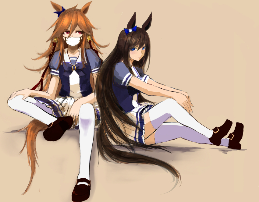 2girls animal_ears blue_bow blue_eyes bow bowtie brown_background brown_footwear brown_hair deep_impact_(umamusume) ear_bow fantomyu frilled_skirt frills hair_between_eyes highres horse_ears horse_girl horse_tail horseshoe_ornament loafers long_hair looking_at_viewer mask messy_hair mouth_mask multiple_girls orange_hair orfevre_(old_design)_(umamusume) pleated_skirt puffy_short_sleeves puffy_sleeves purple_bow purple_bowtie purple_eyes purple_serafuku purple_shirt sailor_collar sailor_shirt school_uniform serafuku shirt shoes short_sleeves simple_background sitting skirt tail thighhighs tracen_school_uniform umamusume white_sailor_collar white_skirt white_thighhighs
