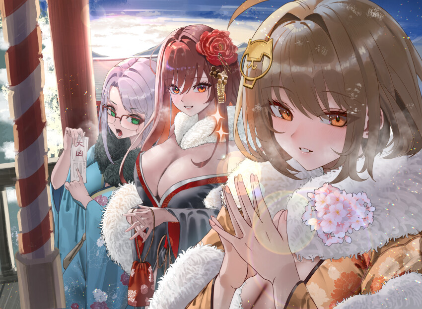 3girls absurdres ahoge alternate_costume anis_(nikke) box breasts brown_hair cat_hair_ornament cleavage donation_box floral_print floral_print_kimono flower fur_collar goddess_of_victory:_nikke green_eyes grey_hair hair_flower hair_intakes hair_ornament hashtag-only_commentary highres japanese_clothes kimono large_breasts long_hair looking_at_viewer medium_hair multiple_girls neon_(nikke) open_mouth over-rim_eyewear own_hands_together parted_lips praying print_kimono rapi_(nikke) rapi_(red_hood)_(nikke) red_eyes red_hair rossy_(yowayowachimpo) semi-rimless_eyewear shrine sky