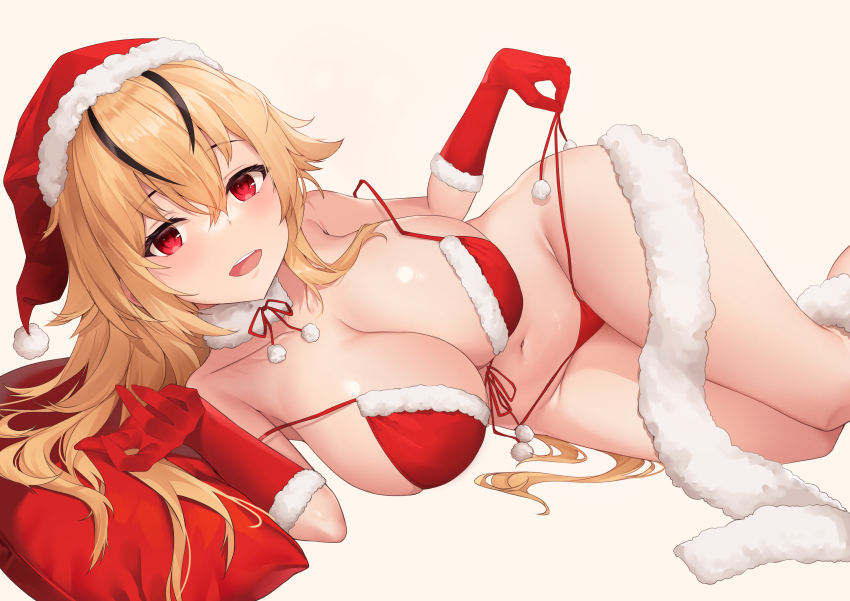 1girl absurdres bikini black_hair blonde_hair breasts christmas cleavage collarbone deogho_(liujinzy9854) double_strap_slip front-tie_bikini_top front-tie_top fur-trimmed_gloves fur-trimmed_headwear fur_collar fur_trim gloves hat highres large_breasts long_hair lying multicolored_hair on_side open_mouth original pillow pom_pom_(clothes) red_bikini red_eyes red_gloves red_hat santa_bikini santa_costume santa_hat solo streaked_hair swimsuit