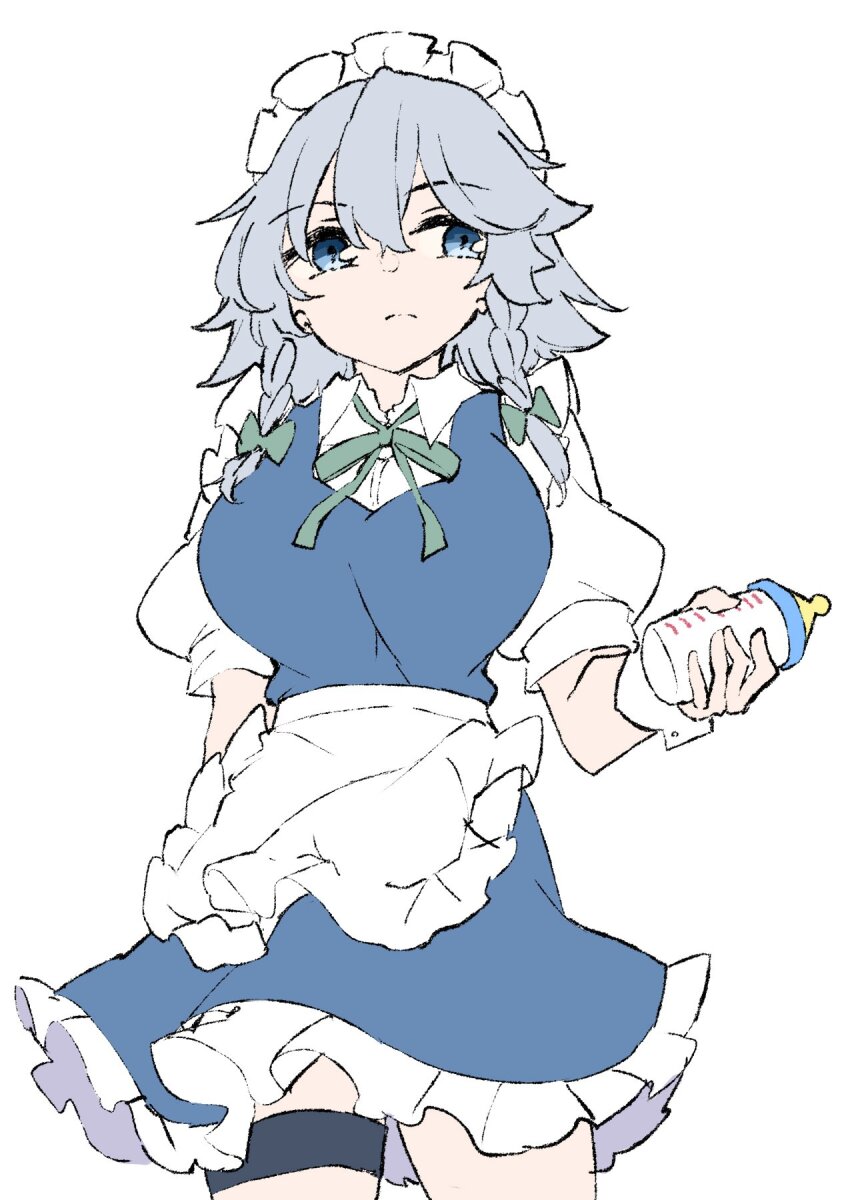 1girl apron baby_bottle blue_eyes bottle bow braid breasts closed_mouth commentary deetamu green_bow green_ribbon grey_hair hair_bow highres holding holding_bottle izayoi_sakuya large_breasts long_hair maid maid_headdress neck_ribbon puffy_short_sleeves puffy_sleeves ribbon short_sleeves simple_background solo thigh_strap touhou twin_braids waist_apron white_apron white_background