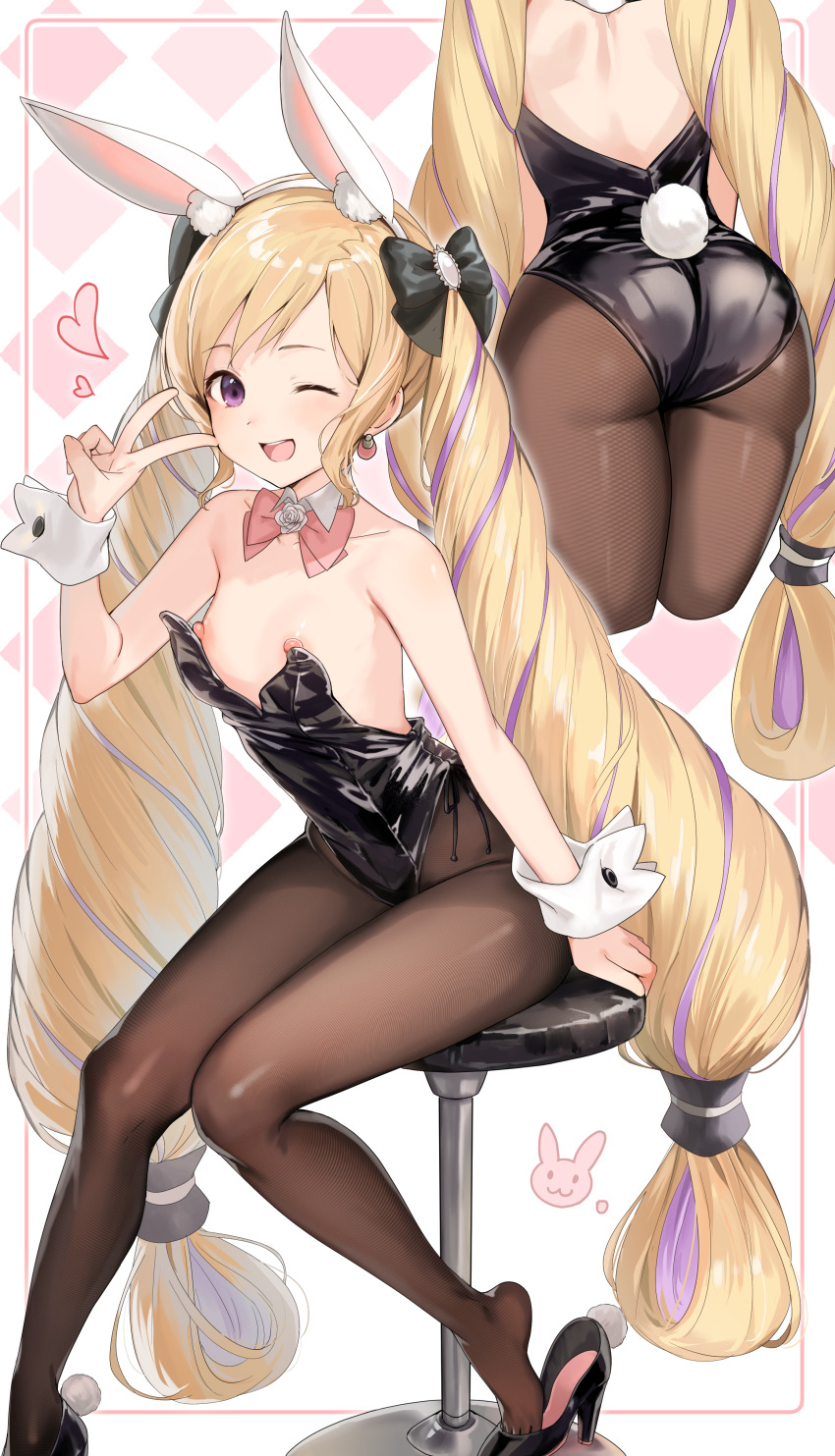 1girl ;d absurdres accidental_exposure animal_ears ass back bar_stool black_bow black_leotard black_shoes blonde_hair bow bowtie breasts brown_pantyhose detached_collar elise_(fire_emblem) fake_animal_ears fake_tail fire_emblem fire_emblem_fates hair_bow haru_(nakajou-28) high_heels highres leotard long_hair multiple_views nintendo nipples on_stool one_eye_closed open_mouth pantyhose pink_bow pink_bowtie playboy_bunny purple_eyes purple_hair rabbit_ears rabbit_tail second-party_source shoes sitting small_breasts smile stool strapless strapless_leotard tail tongue twintails unworn_shoes v white_wrist_cuffs wrist_cuffs