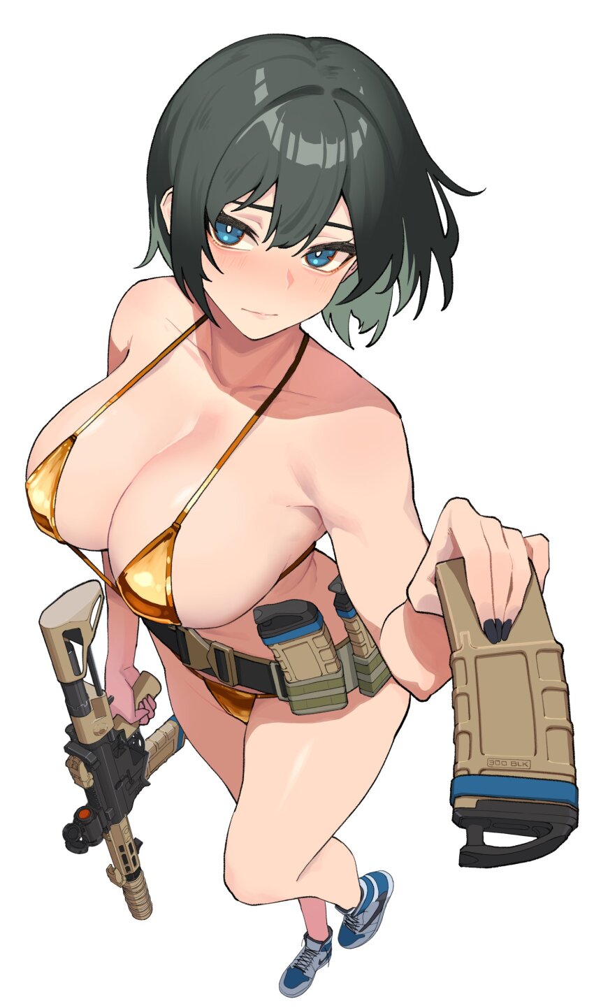 1girl absurdres ar-15 assault_rifle bare_shoulders belt belt_buckle belt_pouch bikini black_belt black_hair black_nails blue_eyes blue_footwear blush breasts bright_pupils buckle cleavage closed_mouth collarbone commentary english_commentary foreshortening from_side full_body gold_bikini gun hair_between_eyes highres holding holding_gun holding_magazine_(weapon) holding_weapon kuso_otoko large_breasts light_blush lillie_(uragoner) looking_at_viewer looking_to_the_side looking_up magazine_(weapon) micro_bikini nail_polish nike_(company) no_socks original paid_reward_available perspective pouch rifle shoes short_hair simple_background sneakers swimsuit walking weapon white_background white_pupils white_trim