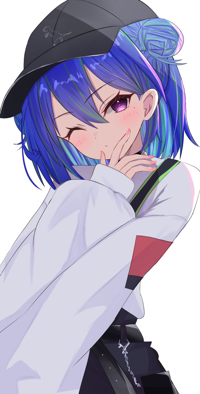 1girl absurdres baseball_cap black_hat black_shorts blue_hair blush closed_mouth commentary_request cowboy_shot double_bun expressionless fingernails green_hair hair_between_eyes hair_bun hat highres long_bangs long_sleeves looking_at_viewer mole mole_under_eye multicolored_hair nanashi_inc. official_alternate_costume one_eye_closed pink_eyes pink_nails sairenji_(o70at) short_hair shorts simple_background solo suzumi_nemo suzumi_nemo_(2nd_costume) sweater two-tone_hair virtual_youtuber white_background white_sweater